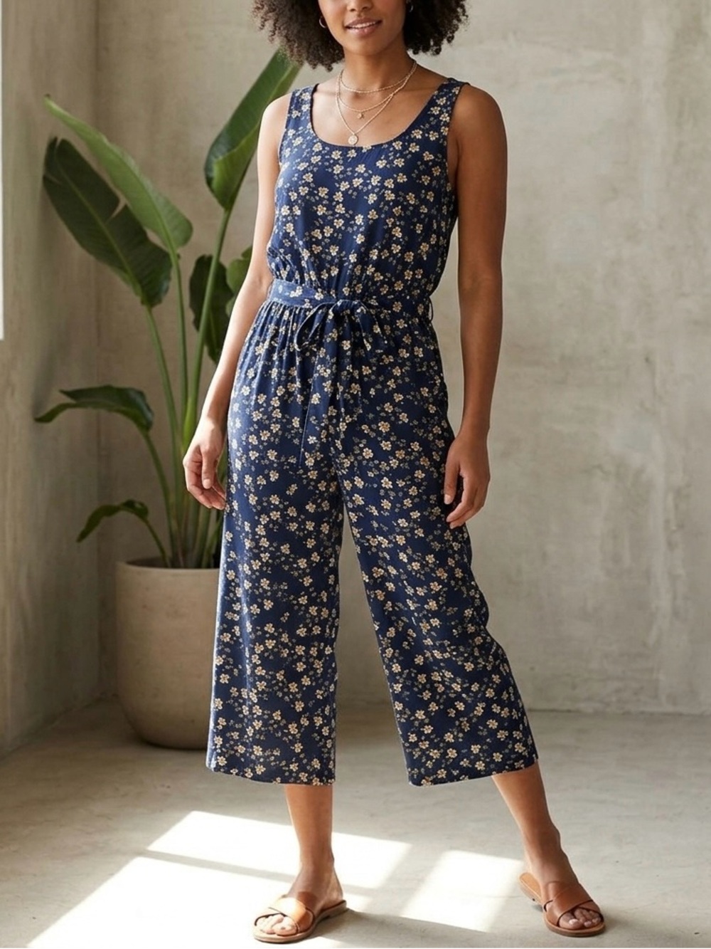 Kaileigh Floral Crop Jumpsuit | Navy & Gold | Large Petite
